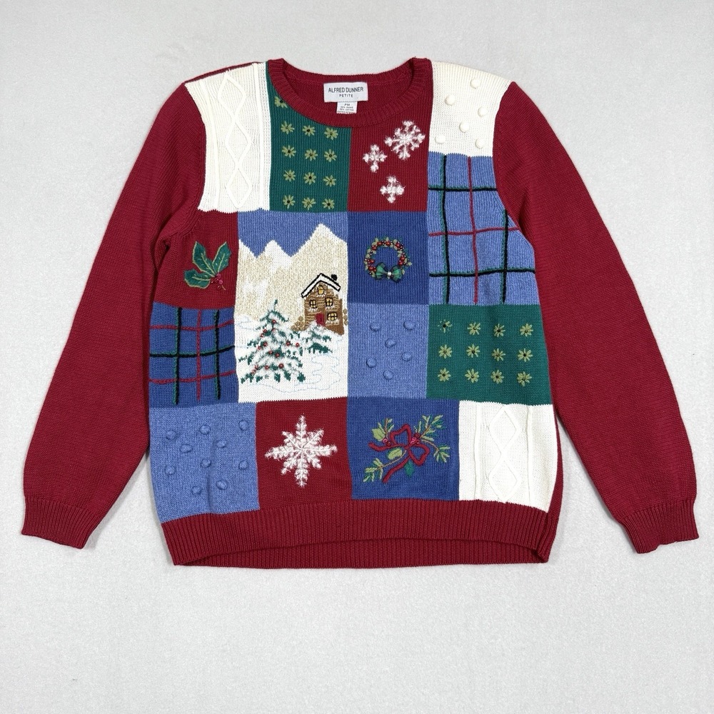 Vintage Christmas Sweater Womens Medium Petite Patchwork Cabin Cozy‎ Wreath Snow
